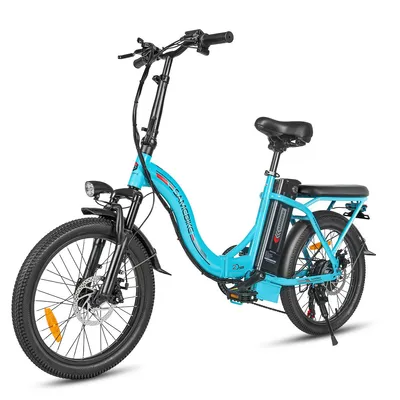 Image de Vélo électrique CY20 pour la circulation urbaine, roues de 20 pouces, batterie 36 V / 12 Ah, freins à disque mécaniques à l'avant et à l'arrière, charge maximale de 150 kg, couleur bleu clair