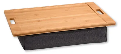 Produktbild von Neustanlo Knietablett Bambus mit Kissen | 45 x 31 cm | Höhe 8 cm | Betttablett mit Griffen & Saftrand | Laptoptisch Frühstückstablett Sofa | Braun Grau