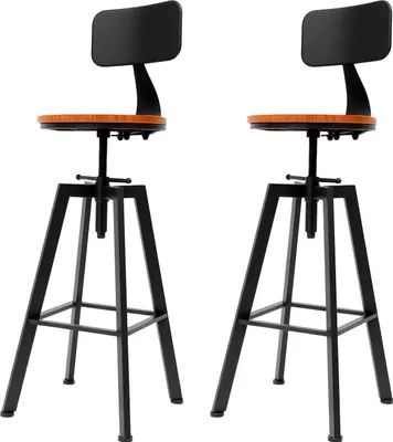 Image de Vintage Industrial - Lot de 2 tabourets de bar - Réglables en hauteur - Pivotants - Assise en bois, structure en métal - Sans accoudoirs - Noir