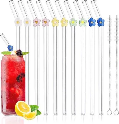 Produktbild von Famanu Set von 10 wiederverwendbaren Glasstrohhalmen mit buntem Blumendesign - Mehrfarbig