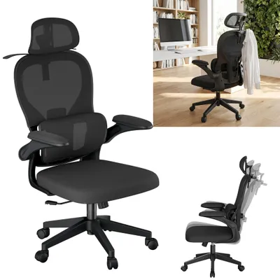 Zdjęcie produktu dla Krzesło biurowe JOIEYOU, ergonomiczne, z siatką, funkcja bujania do 125°, podparcie głowy 4D, podparcie lędźwiowe, składane podłokietniki, haczyk na ubrania, maksymalne obciążenie 150 kg, kolor: czarny