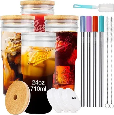 Image de Verres Famanu avec couvercle et paille - lot de 23, 710 ml