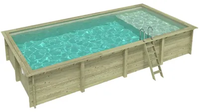 Immagine prodotto di Piscina in legno AQUA 8.5 x 4.35 – H.1.45 m con spiaggia, sabbia, con supporti fissati al calcestruzzo