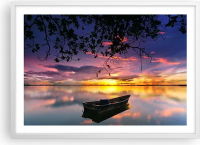 Produktbild von Gerahmtes Poster - Weißer Rahmen - Boot Sonnenuntergang See Himmel - 70x50 cm - Wand Bild - Wanddeko - Wandbilder - Wandposter - Bilderrahmen - Bilder - Kunstdruck - Wandbild - P2WAA70x50-2967