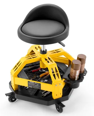 Produktbild von VEVOR Werkstatthocker mit Rollen und Rückenlehne Höhenverstellbarer Montagehocker 62-77 cm Werkstattsitz 360° Drehbar Werkzeugablage Gepolsterter Rollsitz Schwarz Gelb bis 150 kg Belastbar