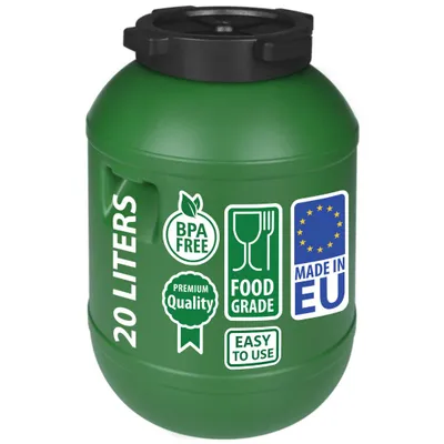 A green 20-liter barrel with a black lid, featuring various labels and icons.