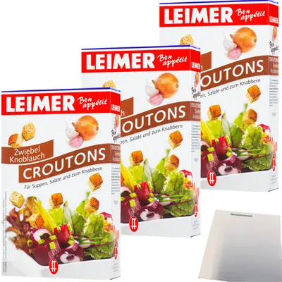 Produktbild von Leimer Croutons Zwiebel Knoblauch für Suppen Salat und zum Knabbern 3er Pack (3x100g Packung) + usy Block