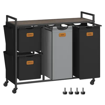Produktbild von VASAGLE Wäschekorb 4 Fächer, Wäschesammler 150 L, Wäschewagen mit Ablage