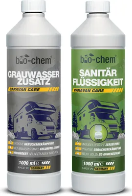 Produktbild von 2-teiliges Campingtoiletten-Set – Bio Sanitärflüssigkeit 1 l + Grauwasser-Zusatz 1 l – Sanitärzusatz für mobile Toiletten und Chemietoiletten – WC-Reiniger für mobile Toiletten