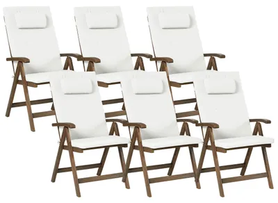 Produktbild von BELIANI Gartenstuhl 6er Set Dunkelbraun und Cremeweiß Akazienholz Vertsellbar Klappbar mit Auflagen Armlehnen Lamellen-Optik Rustikal Außenbereich