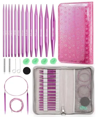 Immagine prodotto di Set di aghi circolari intercambiabili in metallo, 13 paia, da 3 mm a 10 mm, con custodia e accessori, colore viola