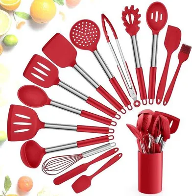 Immagine prodotto di Set di cucchiai da cucina, in silicone, resistente al calore, rosso, 15 pezzi
