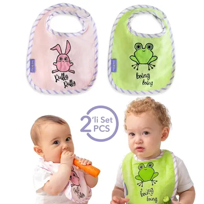 Produktbild von Milk&Moo Chancin und Cacha Frog Baby Lätzchen Set 2 Stück, Kleinkind Lätzchen mit Klettverschluss für Jungen und Mädchen, Schadstofffrei, Waschbar, 30 x 22 cm, rosa-grün