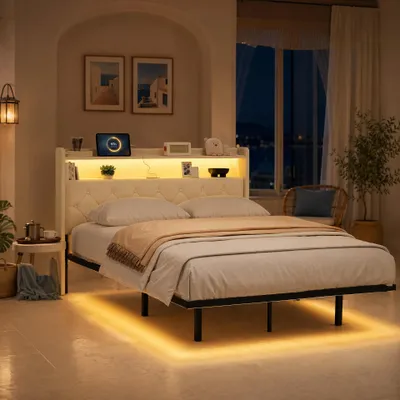 Produktbild von BEALIFE Polsterbett 140x200 cm mit Kopfteil, Ablage & LED-Lichtleiste | Metallgestell, Dunkelgrau/Beige | AF21