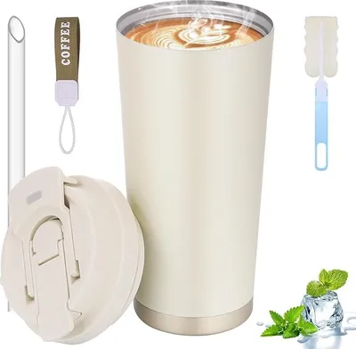 Produktbild von 530 ml isolierter Kaffeebecher, wiederverwendbare Isolierbecher mit Deckel, Heißkaffee-Thermosbecher, 316 Edelstahl-Reisebecher für heißen und kalten Kaffee, Milch und Tee (Beige)