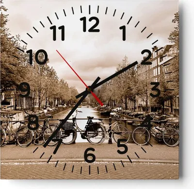 Produktbild von Wanduhr - Quadrat - Glasuhr - Kanal Fahrräder Amsterdam Zentrum - 40x40cm - Schleichendes Uhrwerk - Lautlos - zum Aufhängen bereit - Dekoration Modern - Wanddekoration aus Glas - C4AC40x40-2971