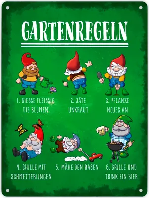 Produktbild von Gartenregeln Metallschild XL in 21x28 cm mit lustigen Gartenzwergen