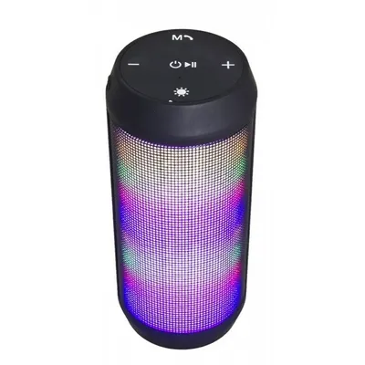 A cylindrical Bluetooth speaker with colorful LED lights.