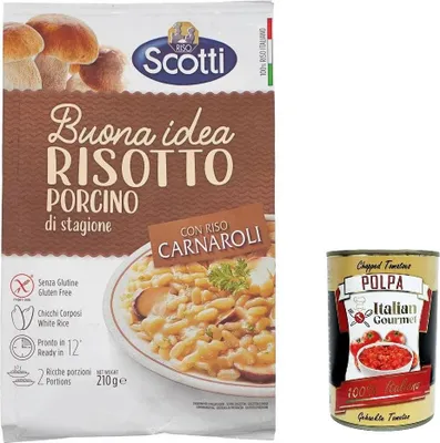 Produktbild von Riso Scotti Buona Idea Risotto Porcini mit Carnaroli-Reis 12x210g glutenfrei, cremiges Steinpilz Fertig-Risotto, bereit in 12 Minuten + Italian Gourmet polpa