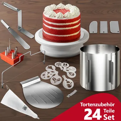 Produktbild von Aurelia Home Torten-Zubehör-Set 24 Teile – Backzubehör mit verstellbarem Tortenring 15 cm hoch, Tortenschneider, Tortenheber, drehbarer Tortenplatte, Streichpalette, Winkelpalette, Spritzbeutel mit Tüllen und Tortenschablonen