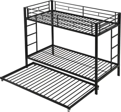 A black metal triple bunk bed with a pull-out trundle bed is shown from a slightly elevated, diagonal angle against a white background.
