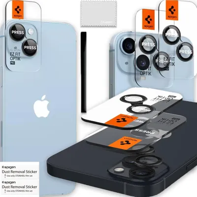 A collage of images showing Spigen camera lens protectors for an iPhone, including application instructions and the product itself.