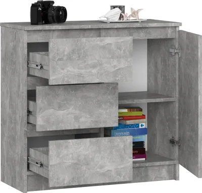 Zdjęcie produktu dla Komoda AKORD JERRY Szary Beton 80 cm 1 drzwi 3 szuflady kolor Beton mat 2 półki 80x35x77 cm