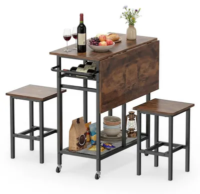 Immagine prodotto di Set tavolo da pranzo KOMFOTTEU, composto da un tavolo da cucina pieghevole a 3 pezzi con 2 sedie, un tavolo da bar con scaffale per vino e ripiano, un set tavolo da pranzo con ruote per 2 persone, e un set tavolo da bar per soggiorno, sala da pranzo e cucina