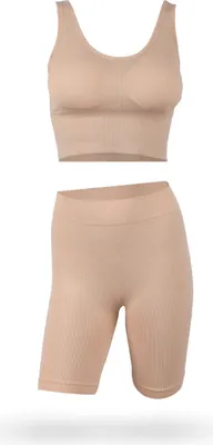 Zdjęcie produktu dla Modelujące sylwetkę spodnie gorsetowe i wygodny biustonosz push-up "bez fiszbin" w komplecie ( Beige / M ) Elastyczne spodnie modelujące z wysoką talią i biustonosz do jogi typu bralette z długimi nogawkami
