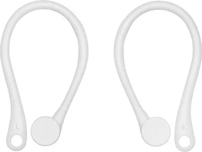 Two white ear hooks for headphones, labeled 'L' and 'R'.