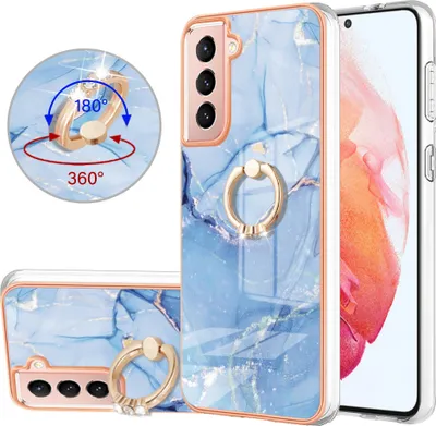 Produktbild von Galaxy S21 5G Hülle, Muster TPU Silikon Stoßdämpfer Bumper Schutzhülle mit Ring Ständer für Samsung Galaxy S21 5G Blau