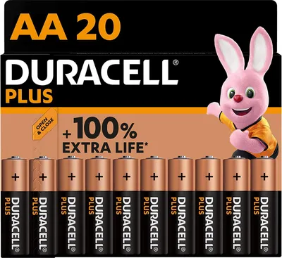 A package of Duracell Plus AA batteries with a cartoon bunny mascot.