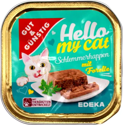 Produktbild von Hello my cat Katzenfutter Schlemmerhappen mit Forelle, 32er Pack (32 x 100g Schale)