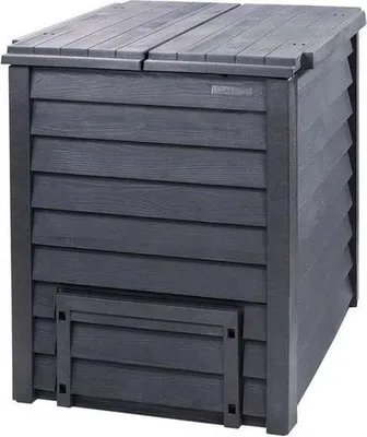A dark gray compost bin with a slatted design and a small access door at the bottom, shown against a white background.