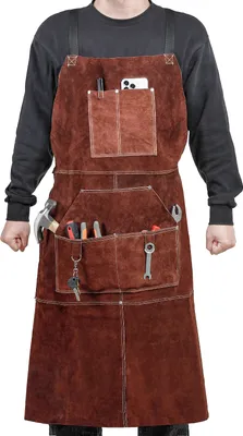 Produktbild von Yorbay Schweißerschürze aus Leder Hitzebeständige Flammhemmende Arbeitsschürze mit 6 Taschen Einstellbare Schutzkleidung