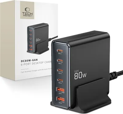 Produktbild von Tech-Protect Dc80W-Gan 6-Port-Desktop-Ladegerät Pd80W/Qc3.0 Schwarz