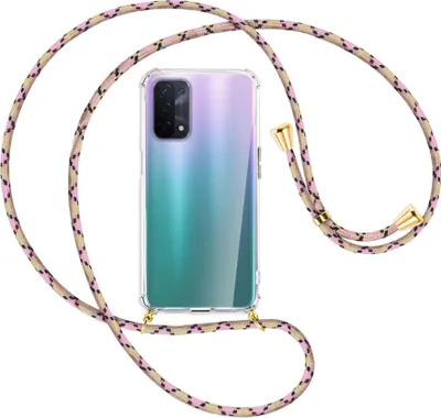 Produktbild von Handykette Backcover-Schutzhülle mit Band (Metall goldfarben) für Oppo A54 5G / A74 5G (CPH2197) - rosa Karo
