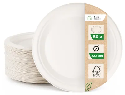 Einwegteller 22,5 cm, 50 Stück, ökologisch, aus Zuckerrohrfaser