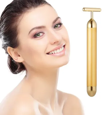 Immagine prodotto di Massaggiatore facciale a forma di T, placcato in oro 24 carati, ideale per pelli sensibili