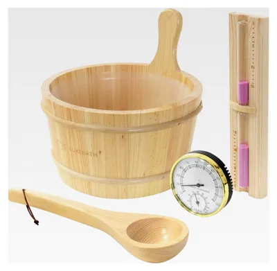 Produktbild von Saunazubehör-Set aus massivem Kiefernholz, 4-teilig, mit Aufgusskübel, Kelle, Thermometer-Hygrometer und 15-minütiger Sanduhr, Saunaeimer 4,5L mit Kunststoffeinsatz, langlebiges Zubehör