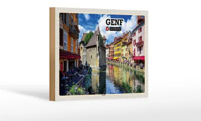 Produktbild von Holzschild Reise Genf Schweiz Altstadt Fluss 18x12 cm Dekoration
