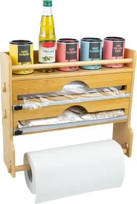 Image de Porte-rouleau de cuisine en bois sans percer - Porte-rouleau mural pour rouleau de cuisine, film plastique et film alimentaire