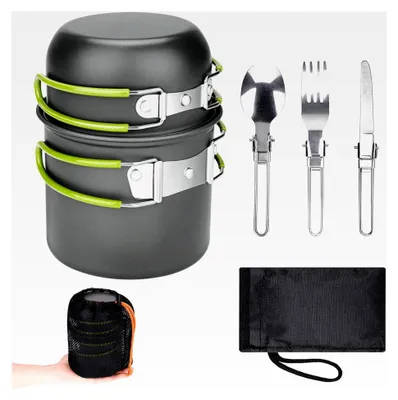 Produktbild von Camping Kochgeschirr Set, Aluminium Topf für Outdoor, Kochgeschirr für 2 Personen, Geschirr für Wandern, Angeln und Picknick (Grün)