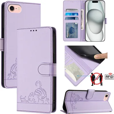 Produktbild von Leder Hülle für iPhone 8/7/6s/6/iPhone SE 2020/2022 Süße Katze Flip Case Brieftasche Schutzhülle mit Standfunktion Lila