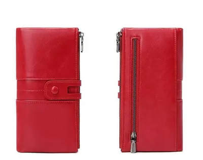 Image de Grand portefeuille pour femme, rouge, protection RFID, nombreux compartiments pour cartes, compartiment à monnaie, fermeture à glissière, aspect cuir, cadeau pour femme