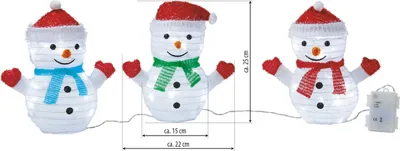 Three illuminated snowman figures with different colored scarves and hats, connected by wires, with a battery pack and measurement indicators.