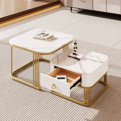 Produktbild von okwish Couchtisch 2er-Set, Satztisch Beistelltisch mit goldene Metallrahmen für Schlafzimmer Balkon, Satztische Quadratischer fürs Wohnzimmer, Wohnzimmertisch mit Weiß Marmor Optik und Glasplatte,Weiß