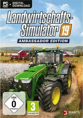 The image is a product box for the game "Landwirtschafts-Simulator 19 Ambassador Edition", featuring a tractor in a farm setting.