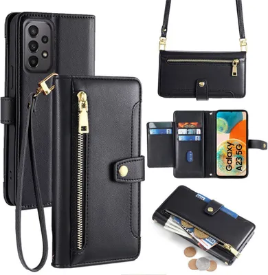 Produktbild von Handykette Samsung Hülle mit Band Handyhülle Kartenfächer Kunstleder Umhängetasche Galaxy A23 Schwarz