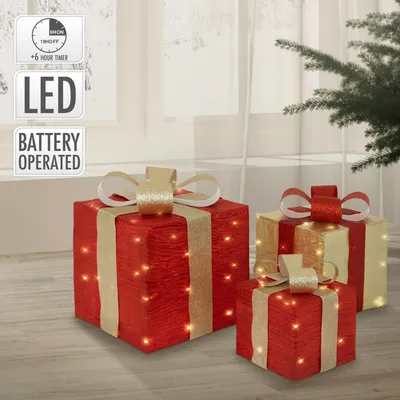 Obrázok produktu pre ECD Nemecko Sada 3 darčekových LED boxov s 90 teplými bielymi LED diódami, červeno-zlatá farba, drôtený rám, napájanie na batérie s časovačom